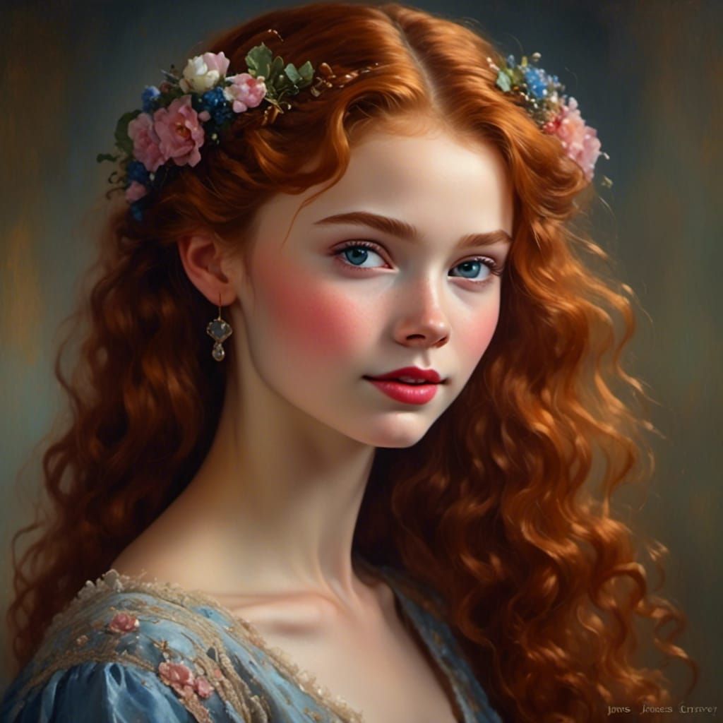 Regal Auburn-Haired Girl in Gurney Style Oil Painting