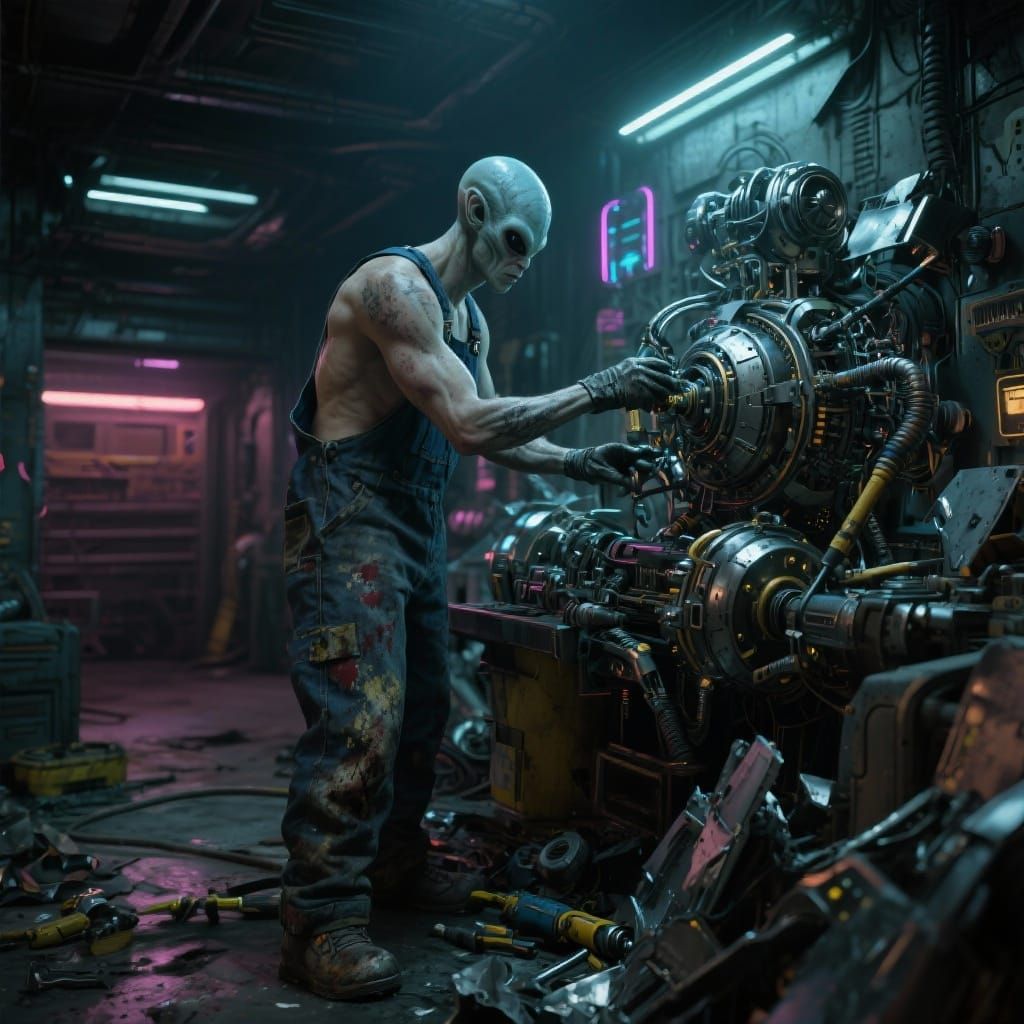 Male Alien Mechanic in Futuristic Garage