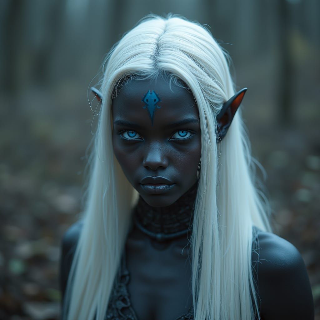 Dark Fantasy Elf with White Hair and Blue Eyes