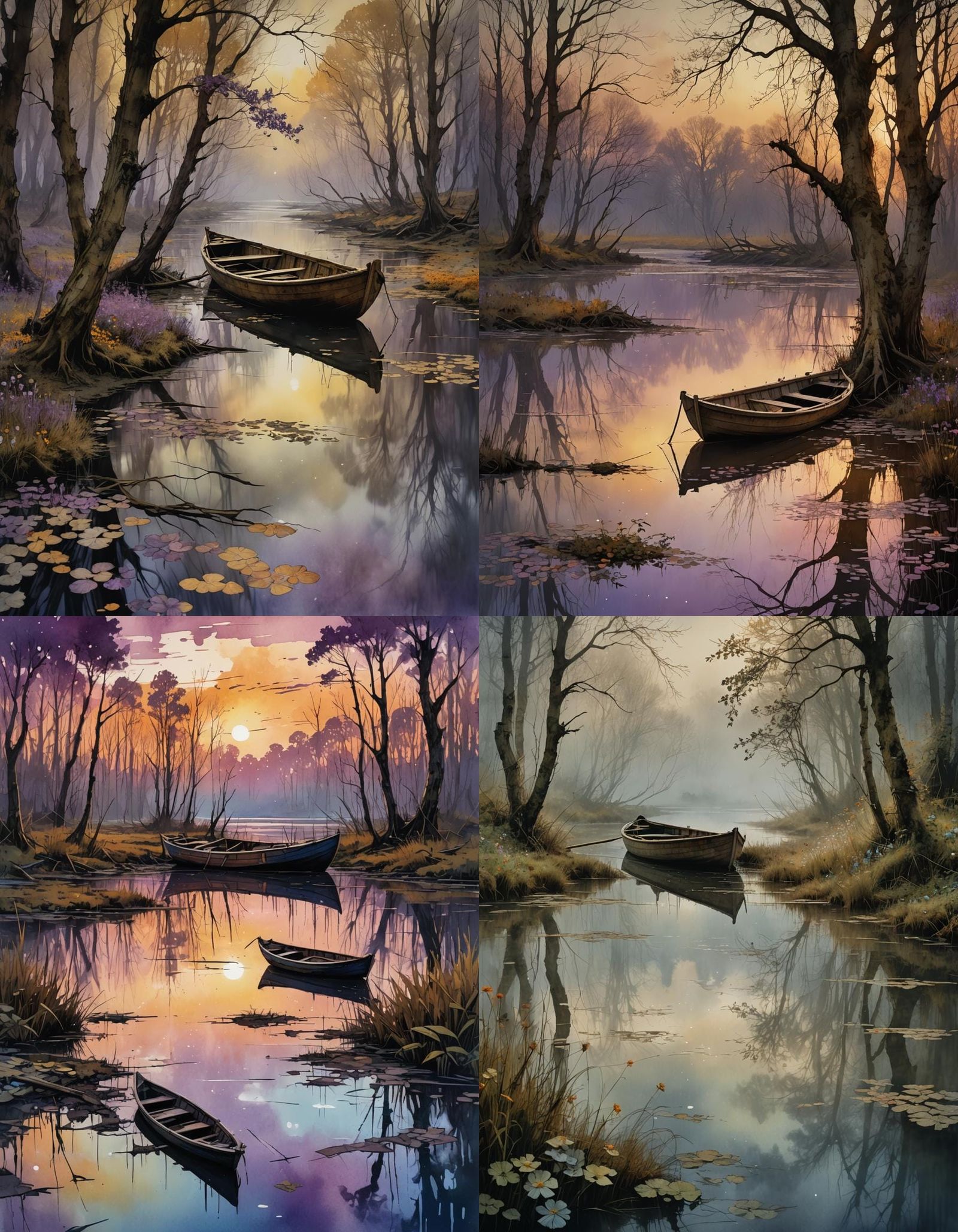 Tranquil Sunset on Swampy River in Rackham Style