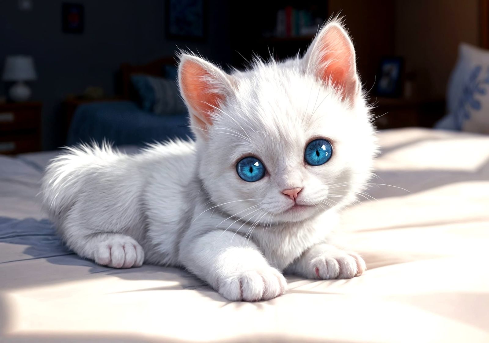 Anime Kitten with Blue Eyes on Soft Bed