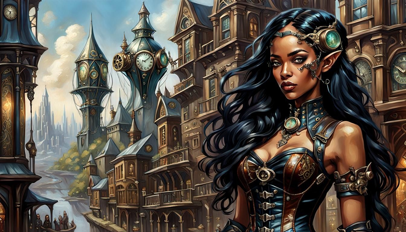 Steampunk Elf in Victorian Elven City Oil Painting