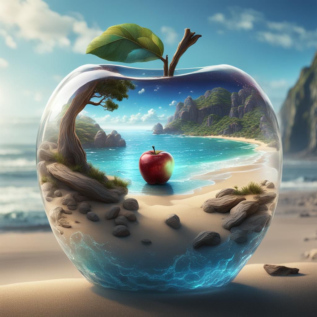 Glass Apple Beach Scene: Fantastical Matte Painting