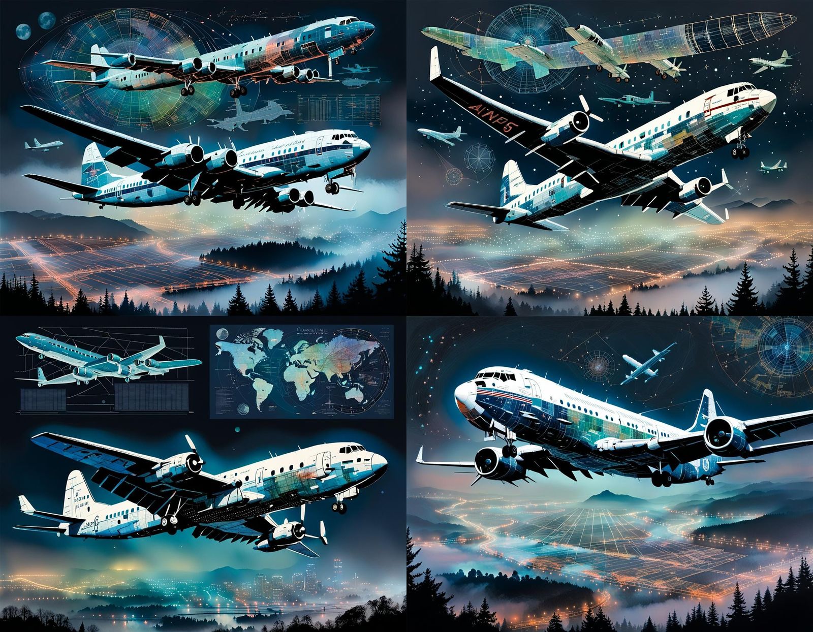 Lockheed Constellation in Fog, Mixed Media Collage