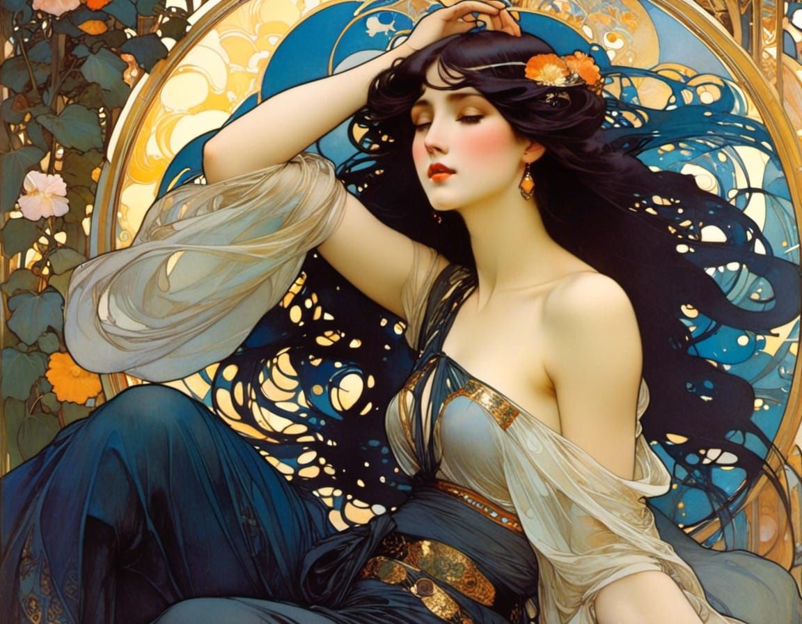 Beautiful Woman with Blue Eyes in Art Nouveau Style
