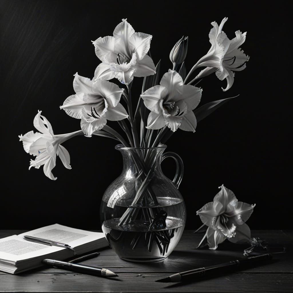 Dramatic Charcoal Still Life of Black and Gold Gladiolus