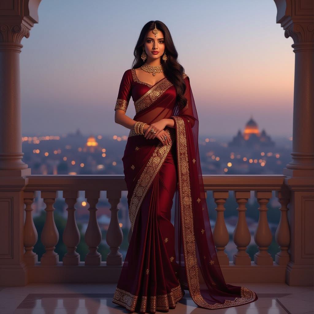 Woman in Saree on Palace Balcony, Digital Art