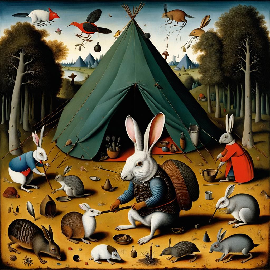 Surreal Camping Scene Inspired by Bosch and Miro