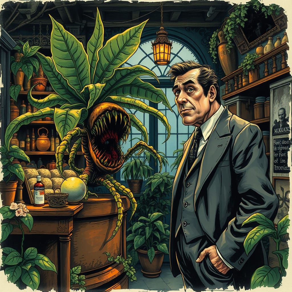 Man-Eating Plant in Dark Shop: Oil and Ink Illustration