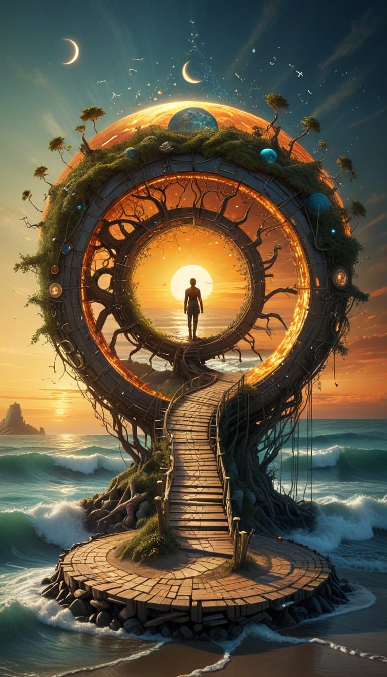Surreal Sunset: Sun, Moon, and Treehouse Stargate