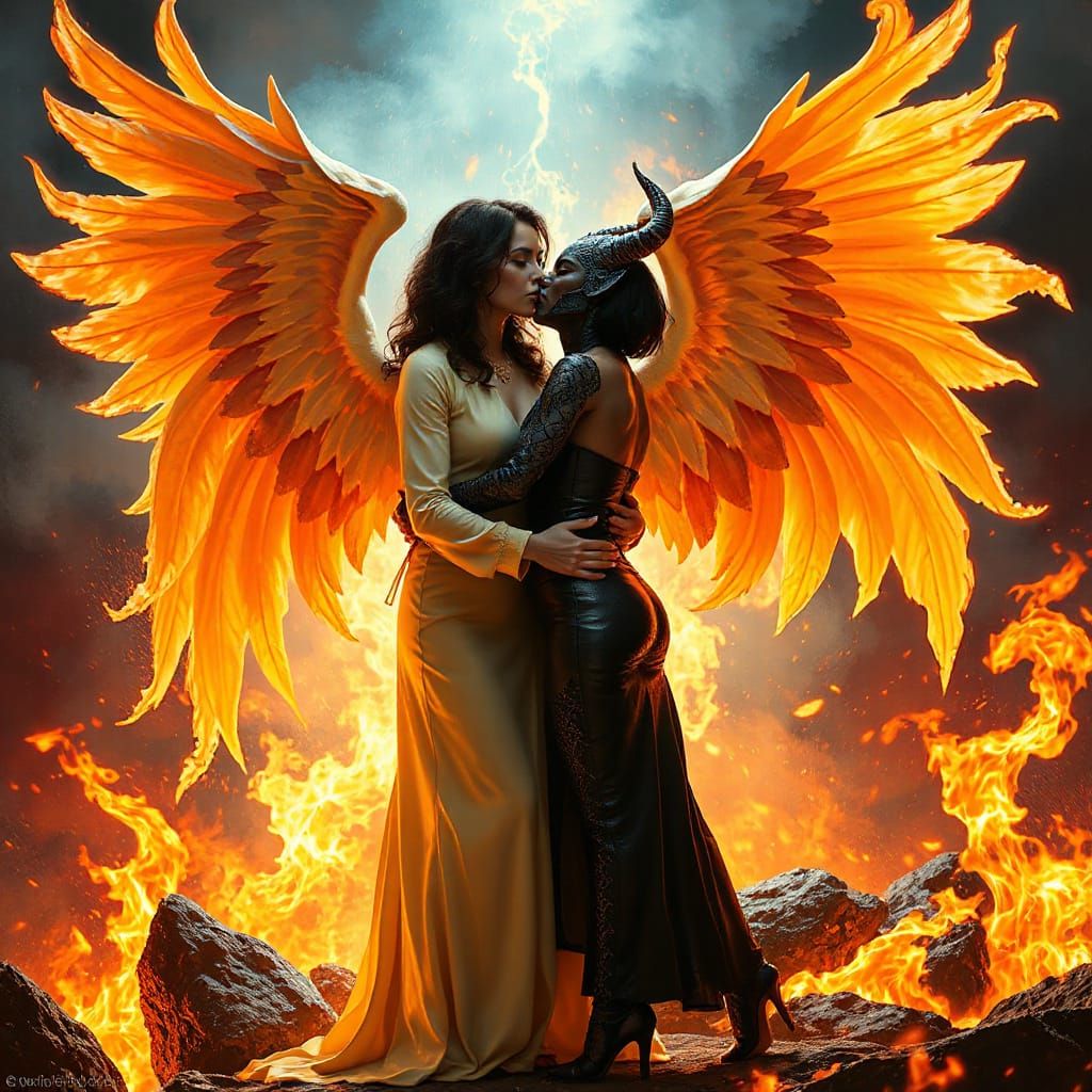 Angelic Demon Kiss in Fiery Inferno