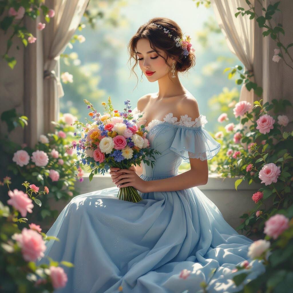 Elegant Woman in Spring Dress with Flowers