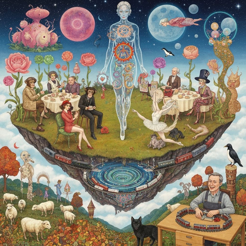 Surreal Tea Party on Floating Island, Klimt-Bosch Style