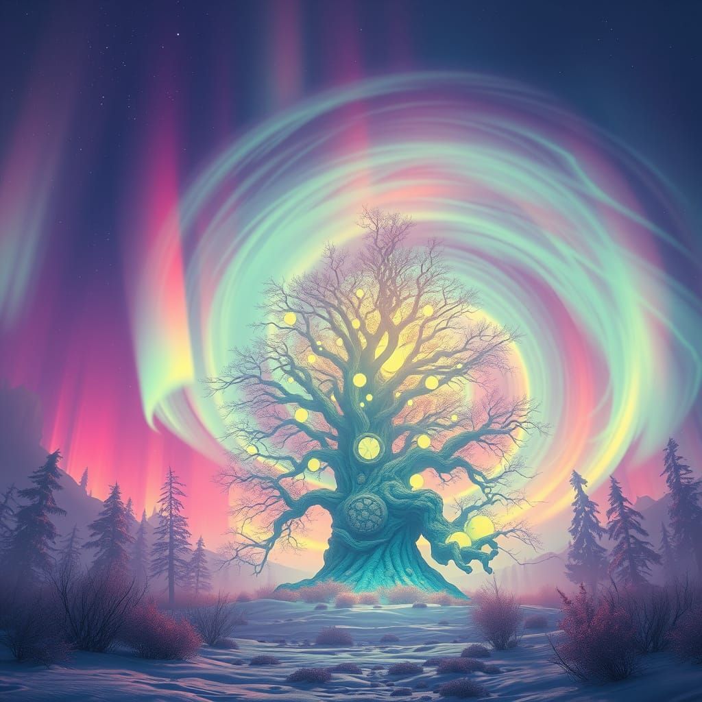 Luminous Tree Under Aurora Borealis: Dreamlike Art