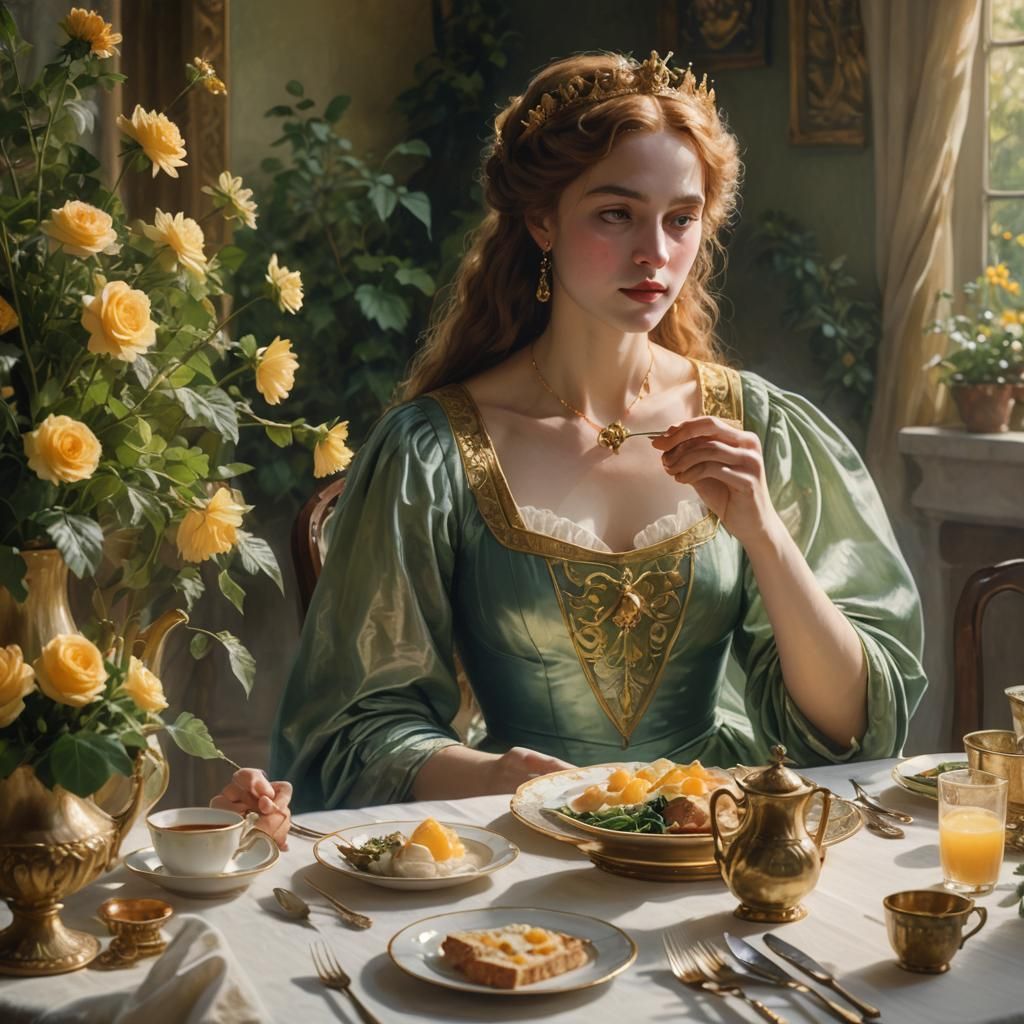 Ethereal Queen's Breakfast in Pre-Raphaelite Style