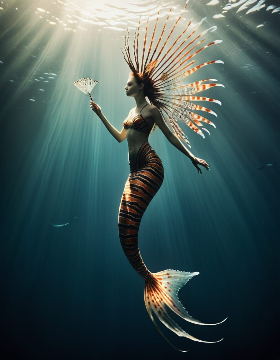 Cyberpunk Mermaid Lionfish in Radiant Crepuscular Light