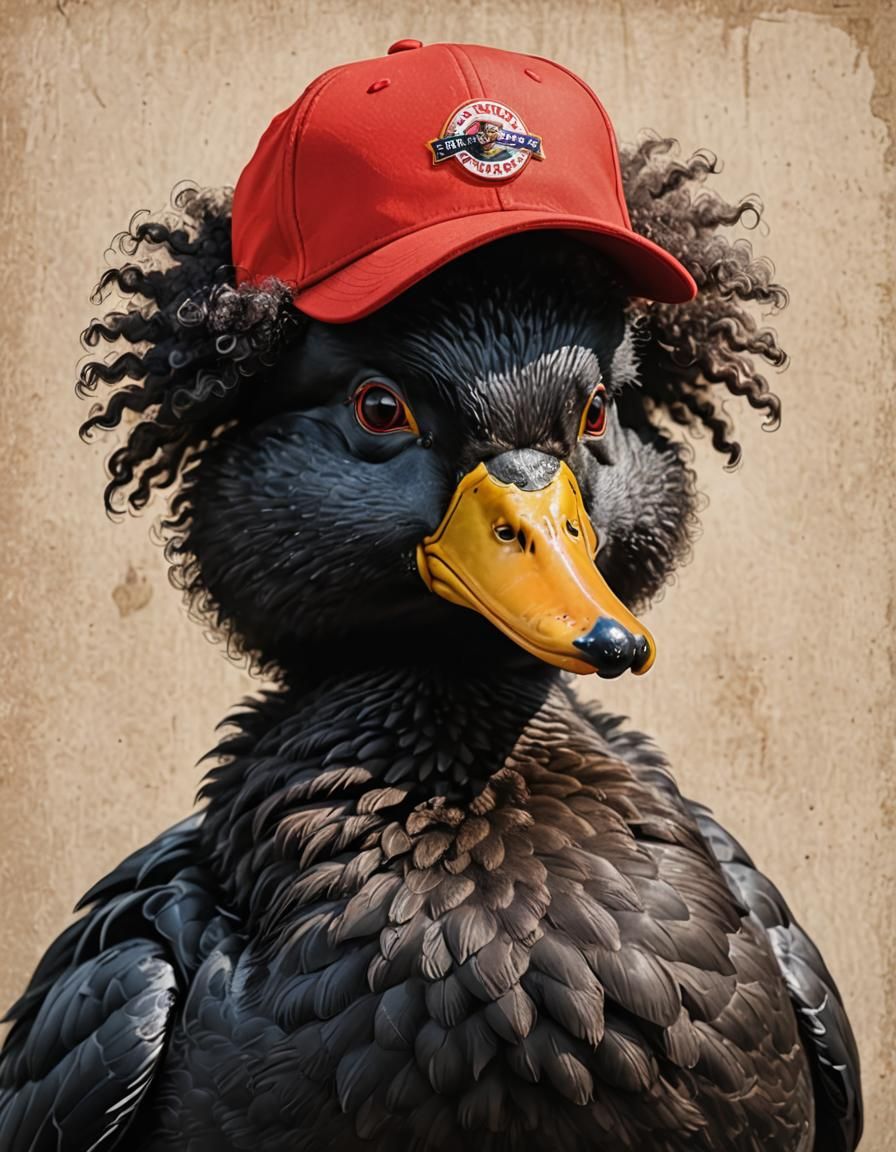 Cartoon Duck Portrait with Afro and Baseball Cap