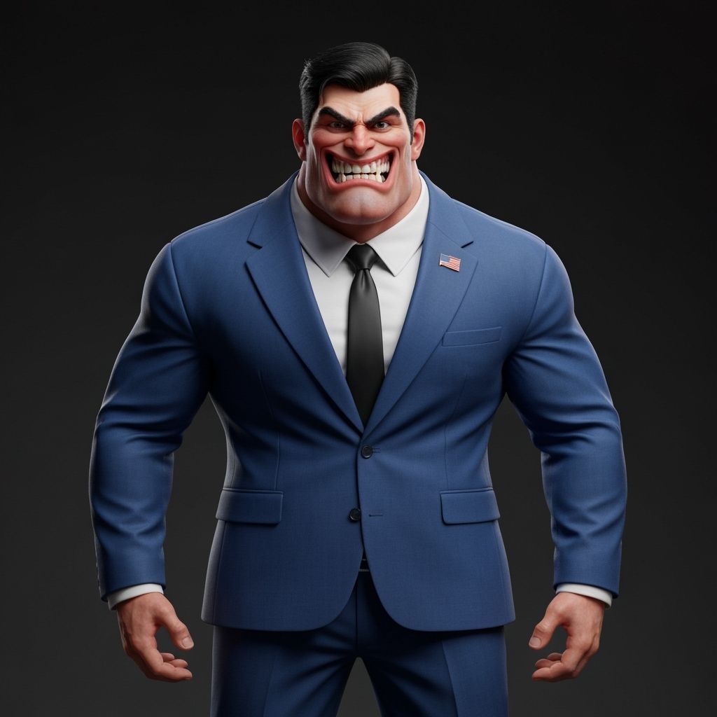 Muscular Man with Jay Leno Jaw in Blue Suit