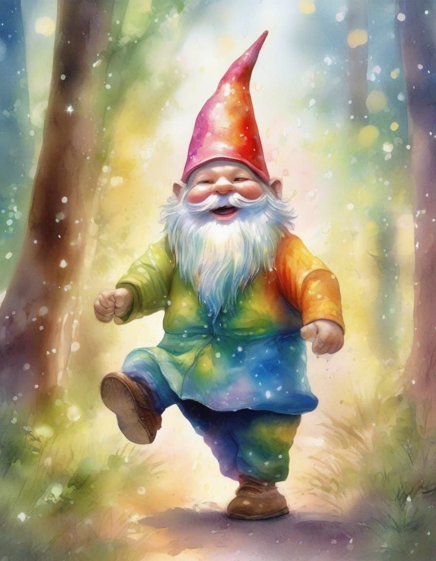 Joyful Gnome Dances in Sunlit Forest, Wet Brush Watercolour