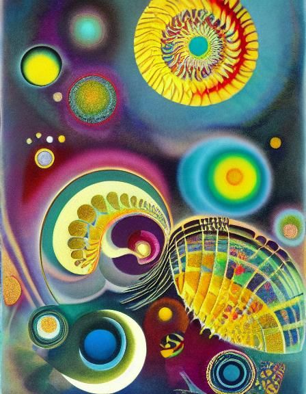 Fractal Nautilus with Heliocentric Crystal in Encaustic Styl...