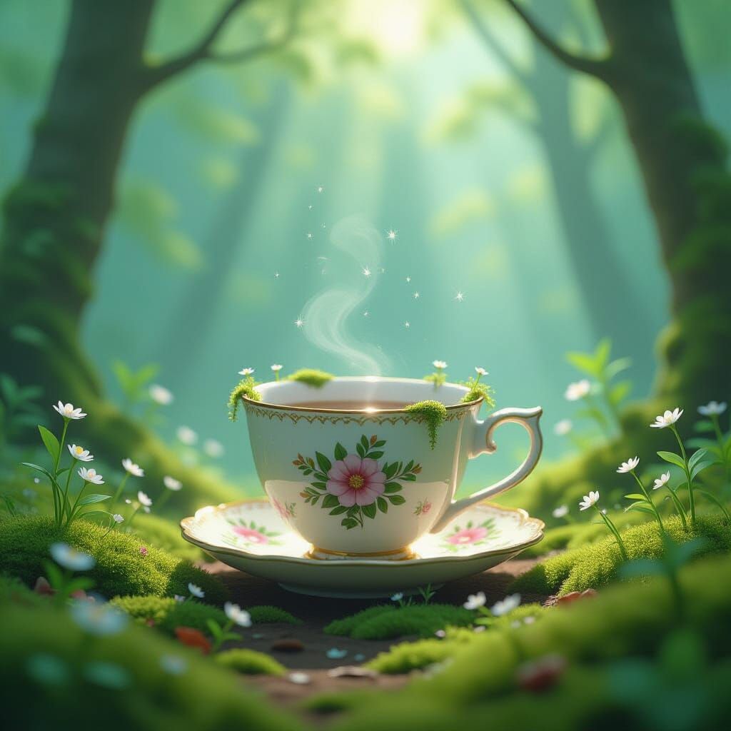 Overgrown Teacup in Misty Forest Clearing