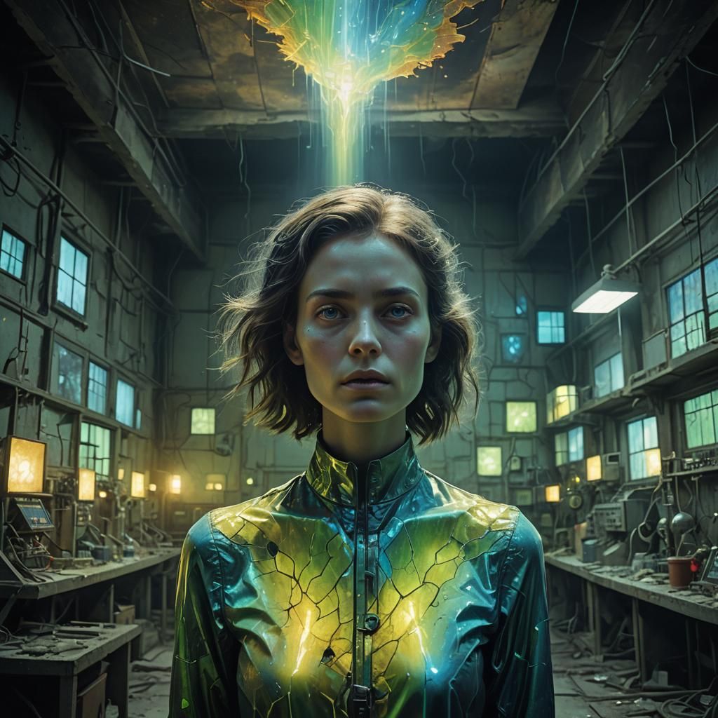 Radioactive Woman in Abandoned Lab, Surreal Art