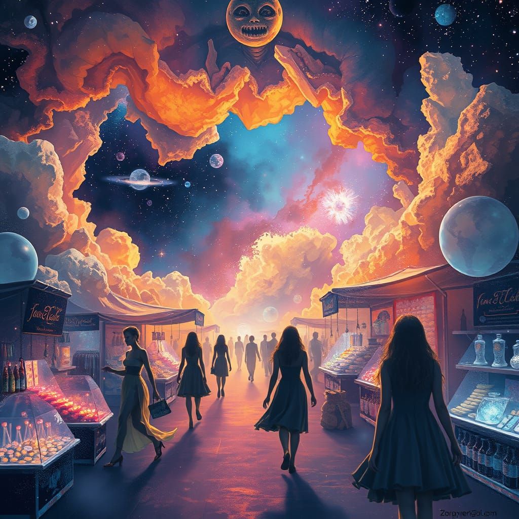 Zero-Gravity Market in Nebula, Psychedelic Art Style