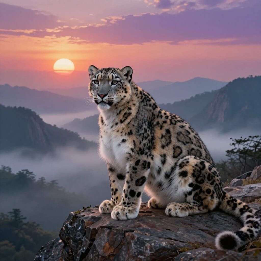 Majestic Snow Leopard at Dawn in Misty Mountains
