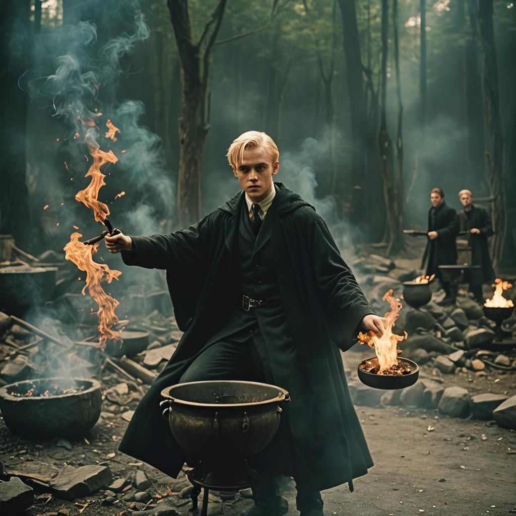 Cinematic Draco Malfoy with Cauldron and Wand