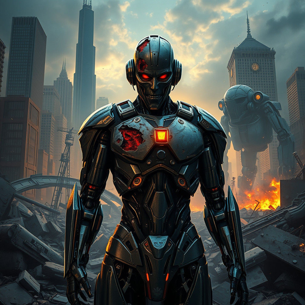 Cyborg Leader's Defeat in Dystopian Cyberpunk Wasteland