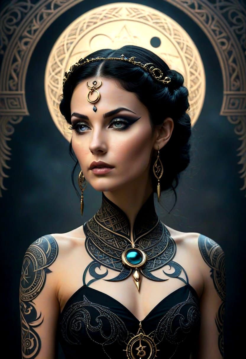 Vampire Woman with Spiritual Tattoos and Crescent Moon