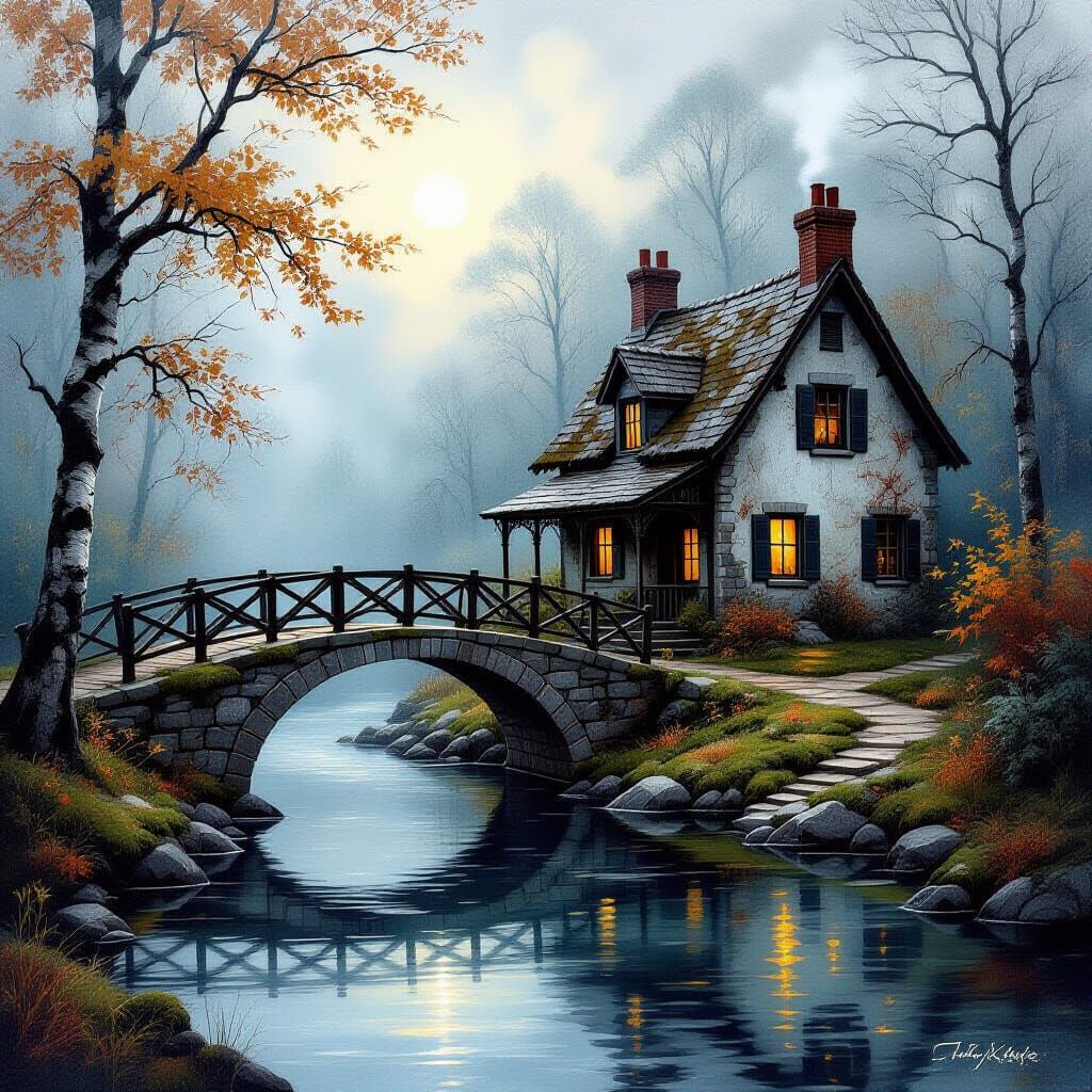 Riverside Cottage and Bridge in Watercolor Style