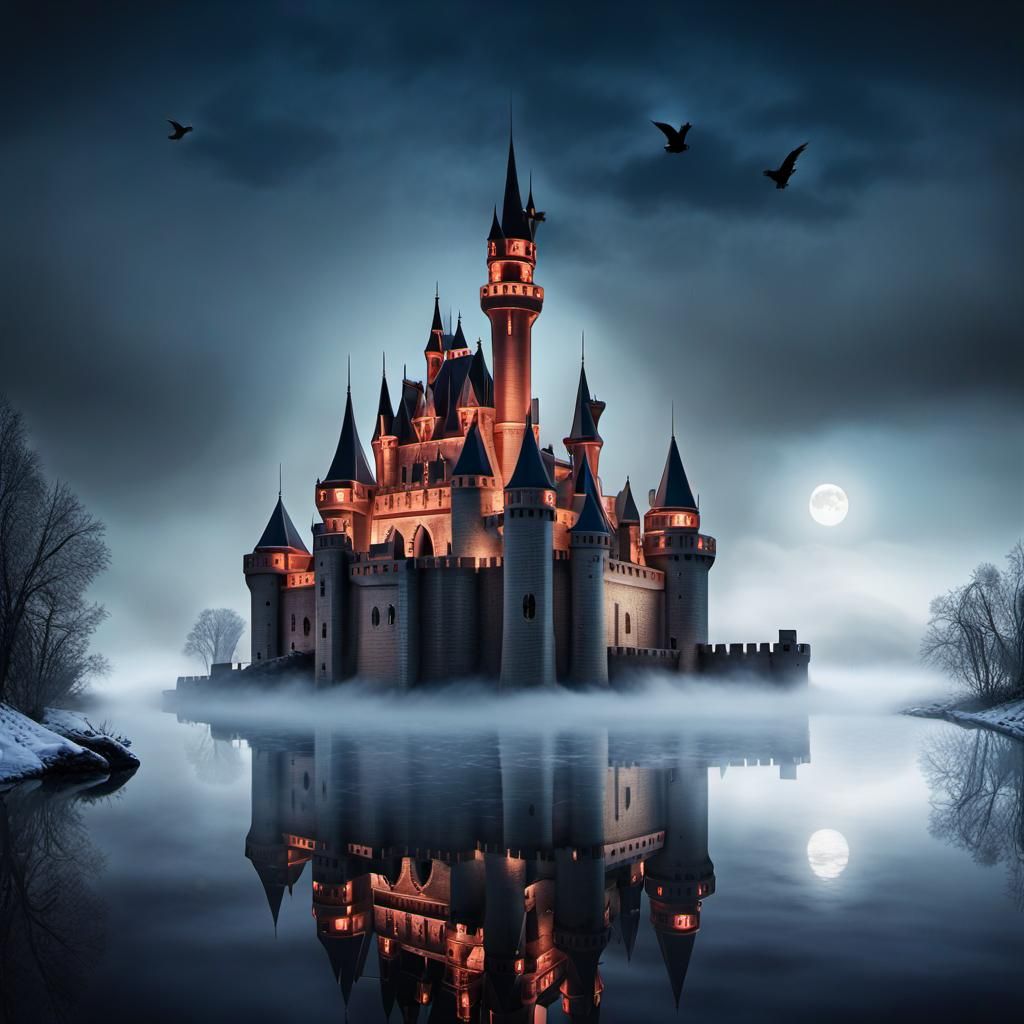 Misty Lake Castle: A Dramatic Digital Painting