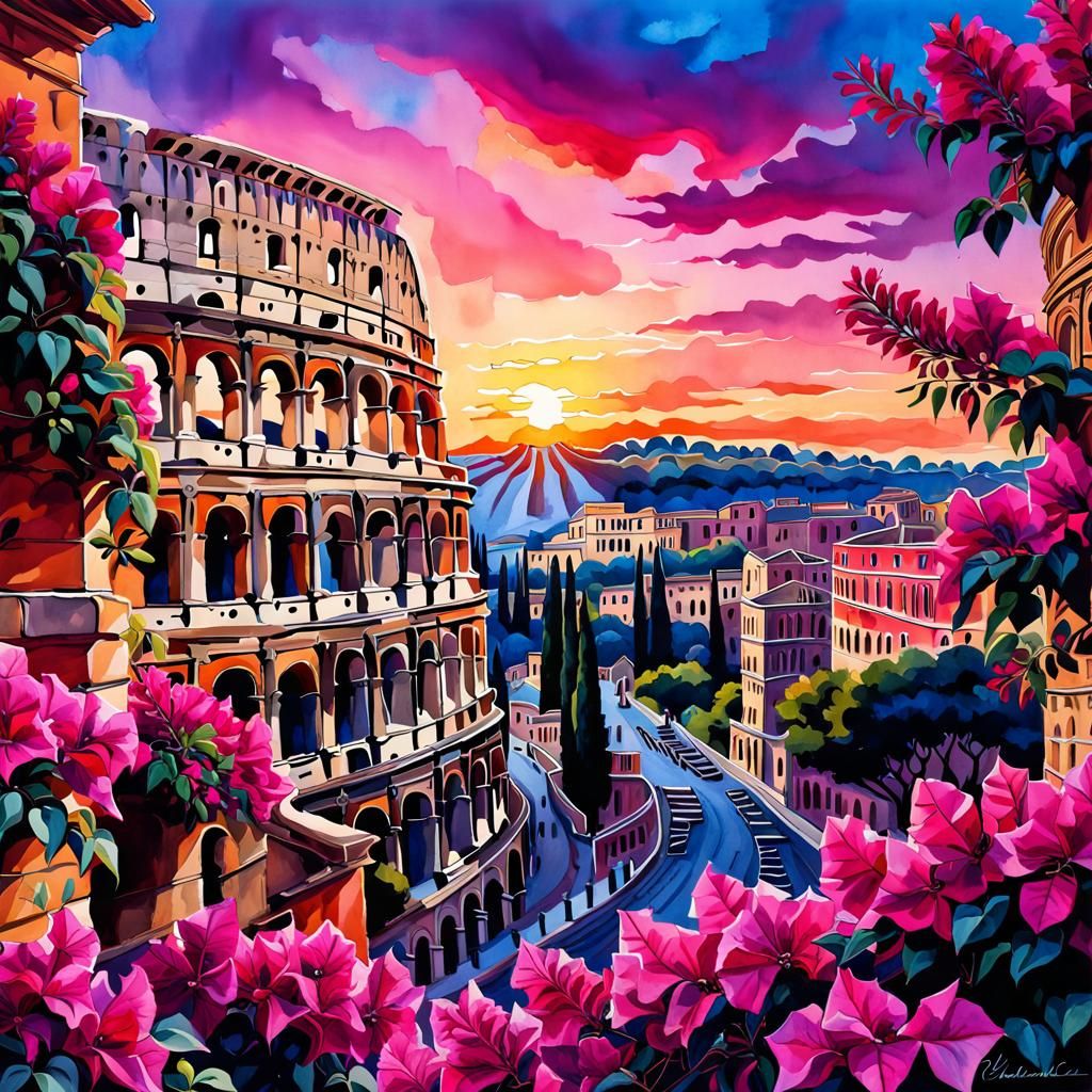Spectacular Colosseum Sunset: Hyperdetailed Watercolor Art