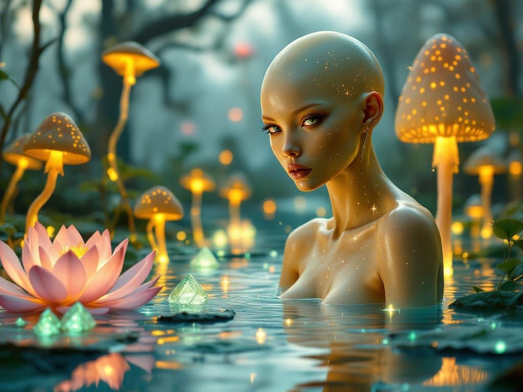 Surreal Androgynous Figure in Bioluminescent Alien Marsh