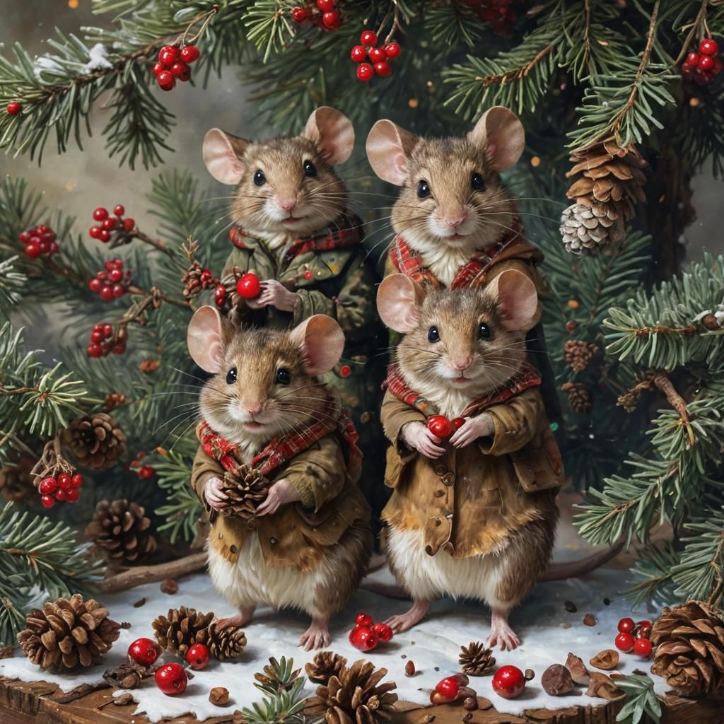 Vintage Christmas Mice Scene in Detailed Matte Painting