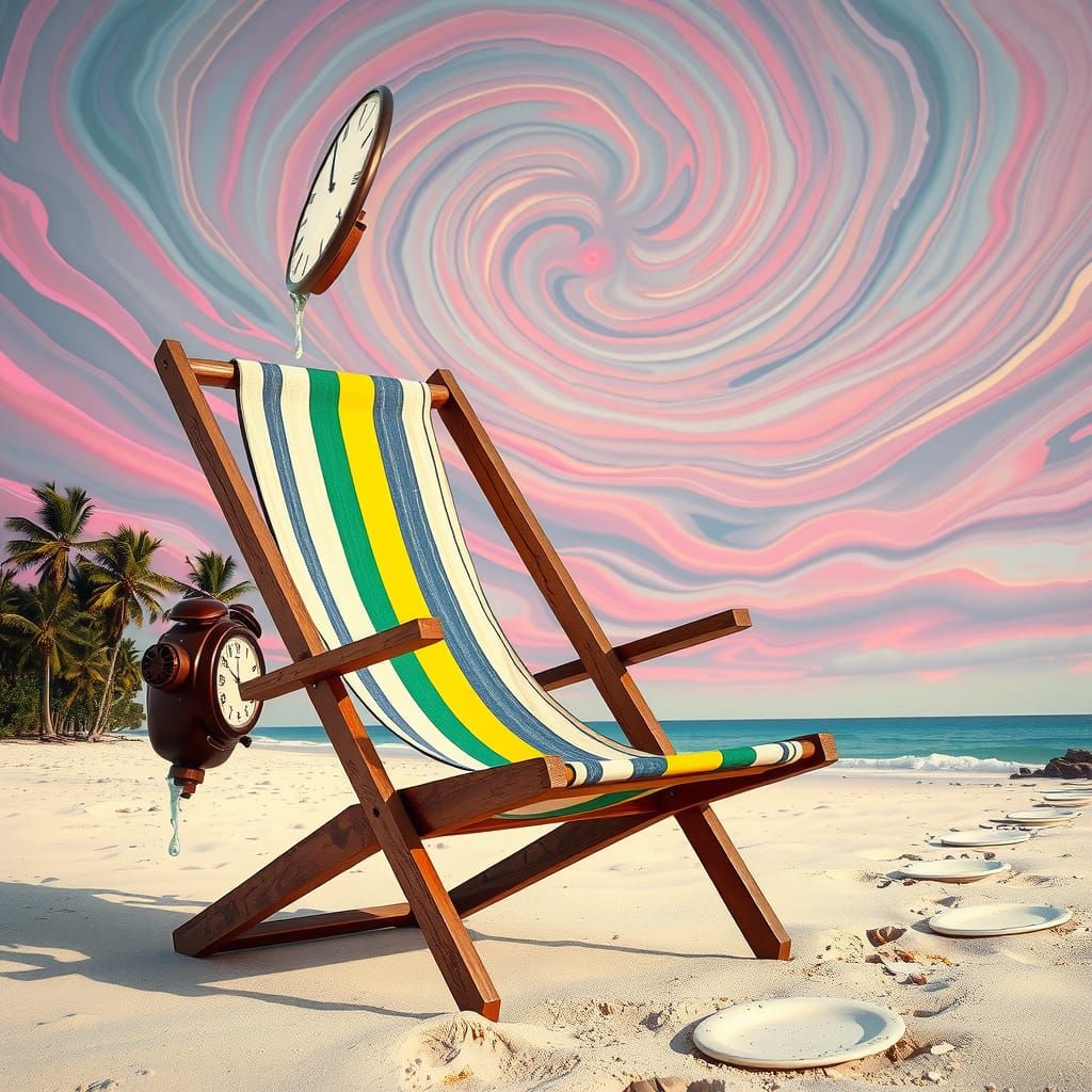 Dreamlike Beach Scene with Striped Deckchair, Inspired by Da...