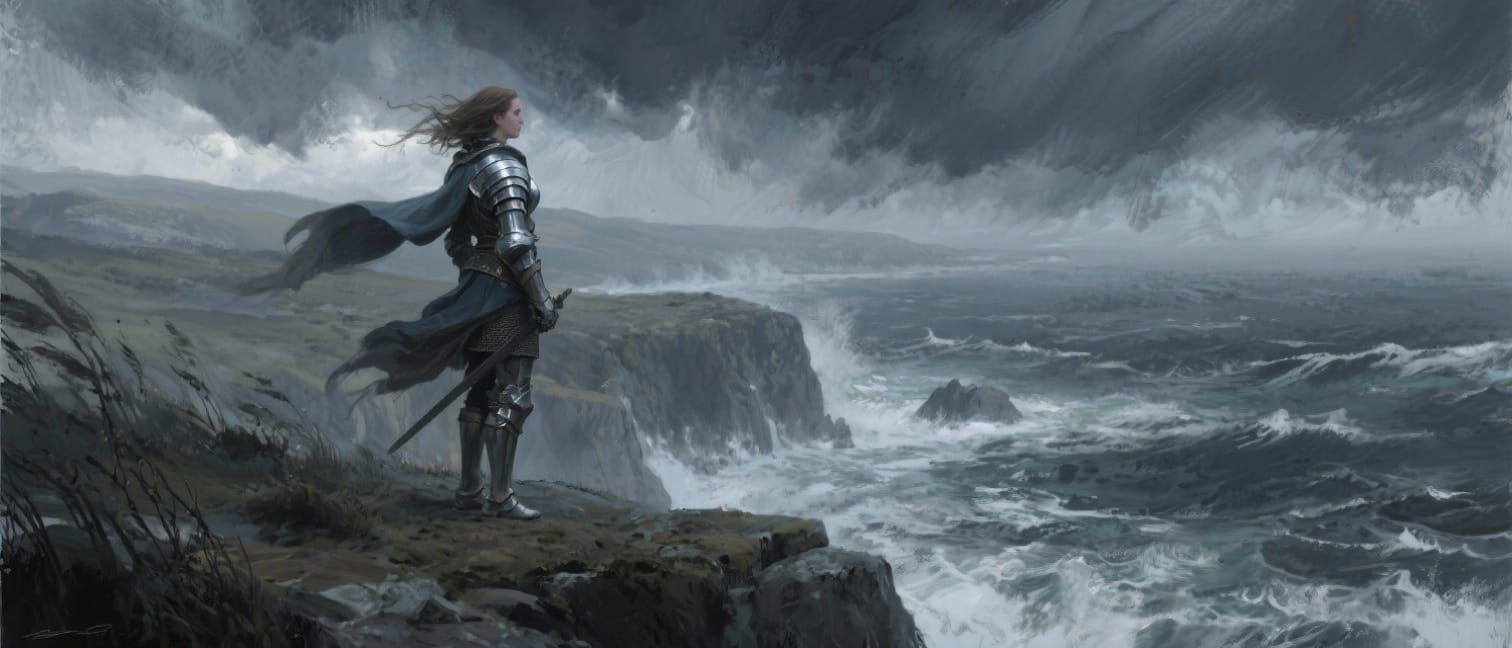 Knight Woman on Cliff Overlooking Stormy Sea