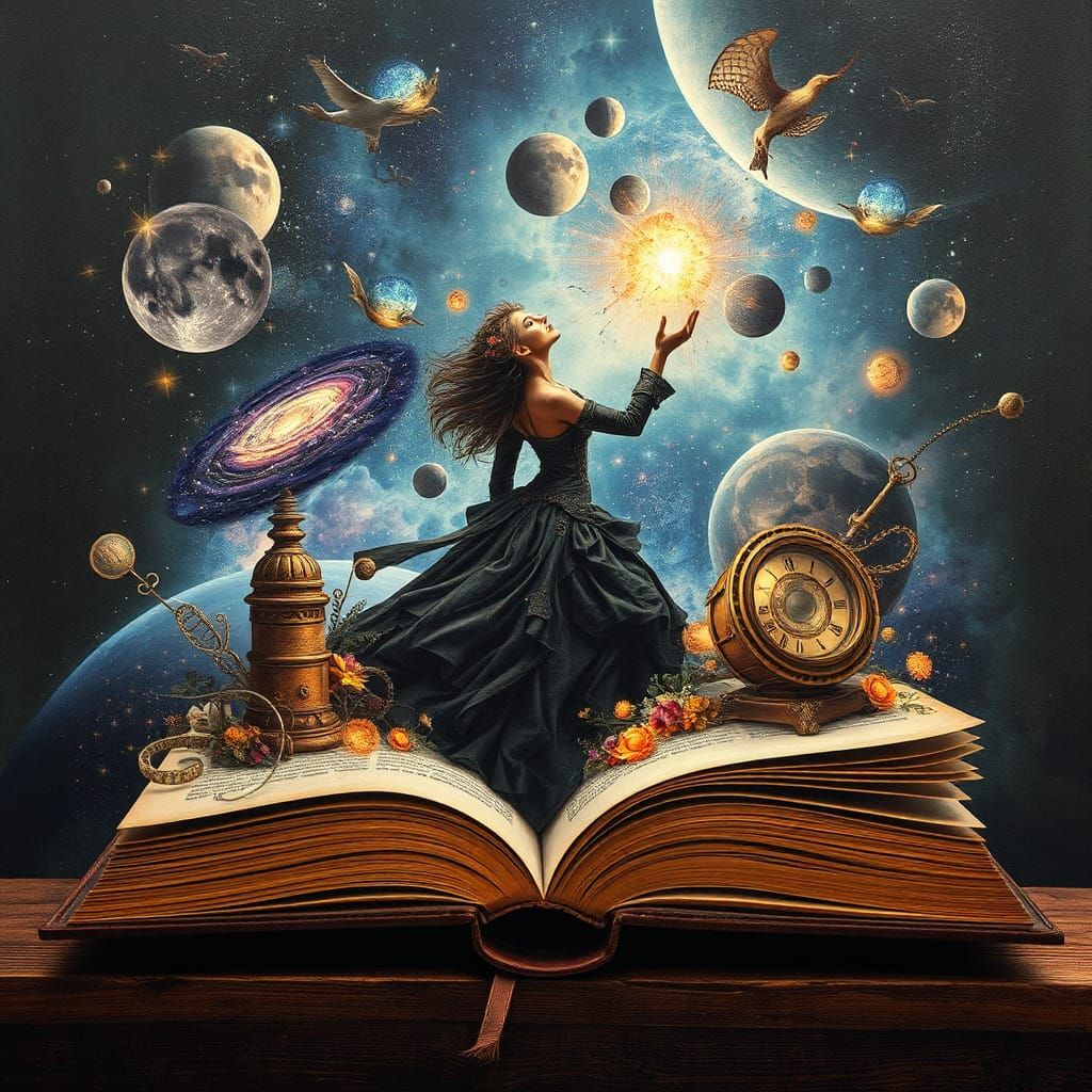 Steampunk Woman Emerges from Decoupage Book