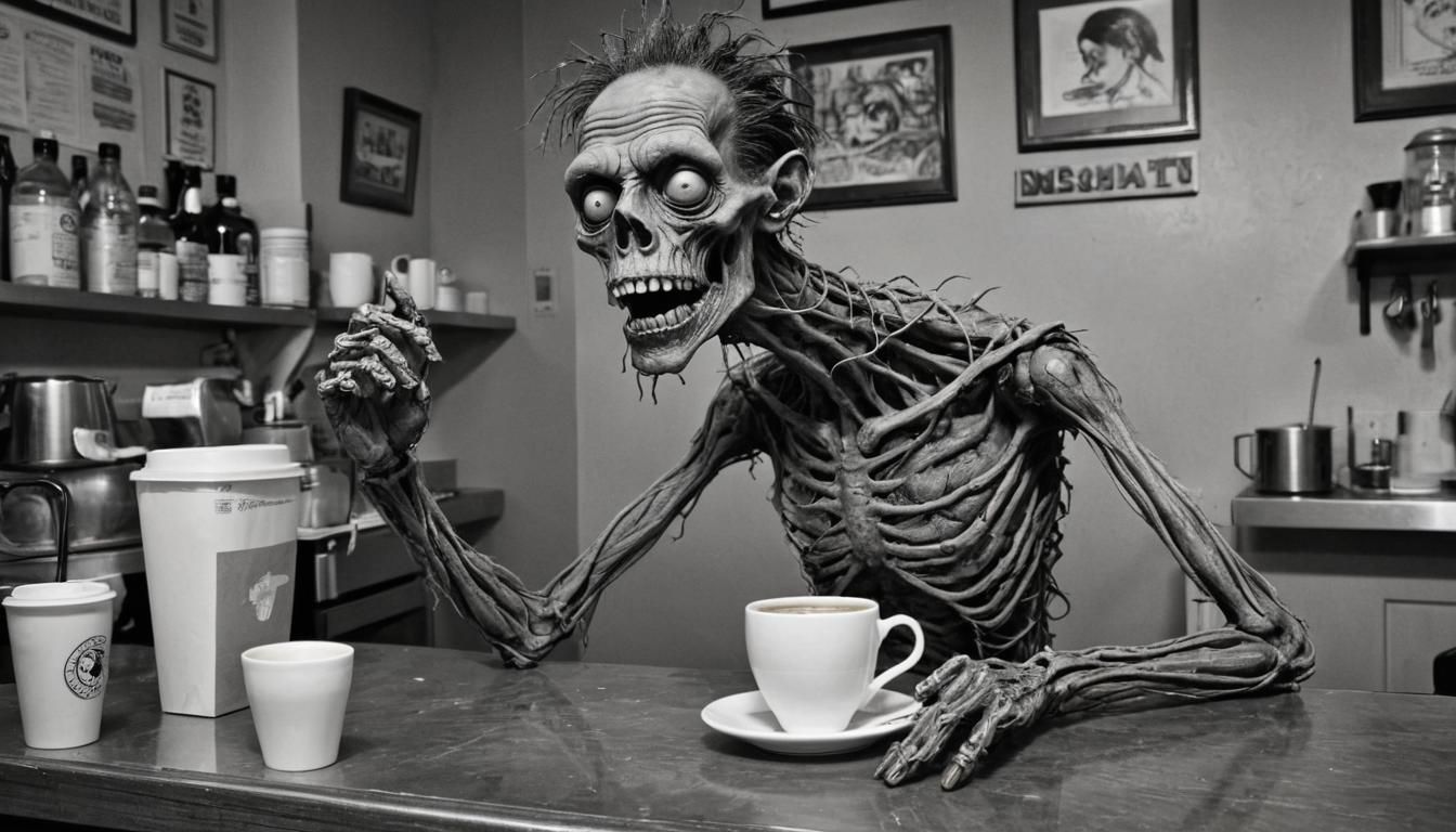 Cyberpunk Zombie Coffee Still Life in Art Brut Style