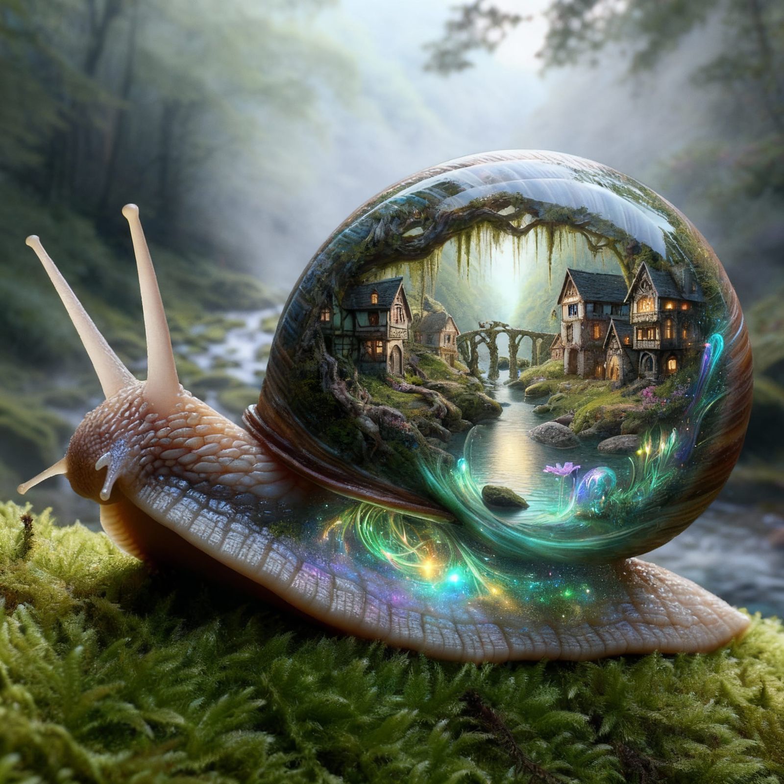 Snail with Fantasy Village in Glass Shell, Photorealistic