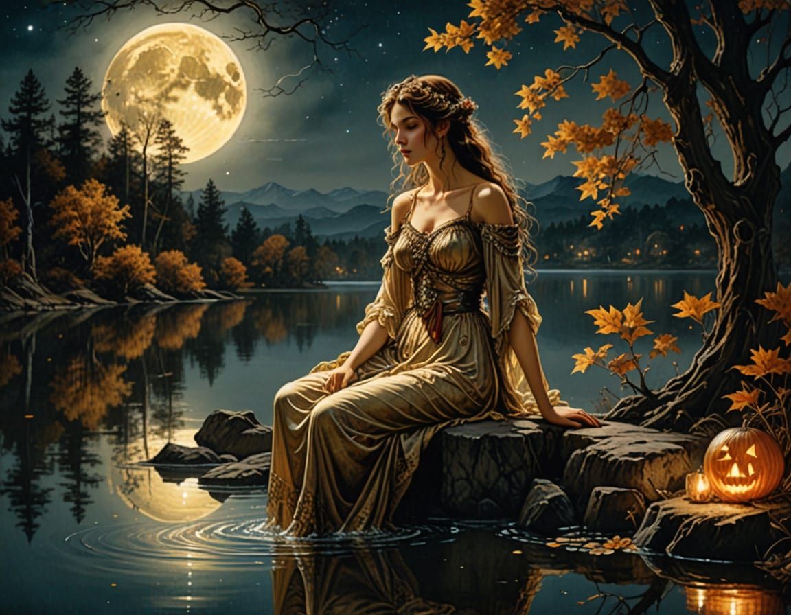 Autumn Lake at Night Under Full Moon, Photorealistic