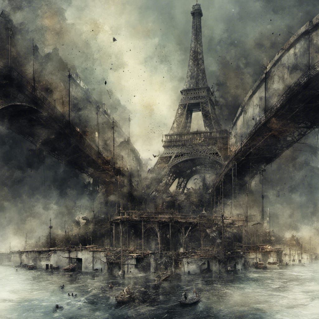 Flooded, Destroyed Eiffel Tower in Post-Apocalyptic Setting