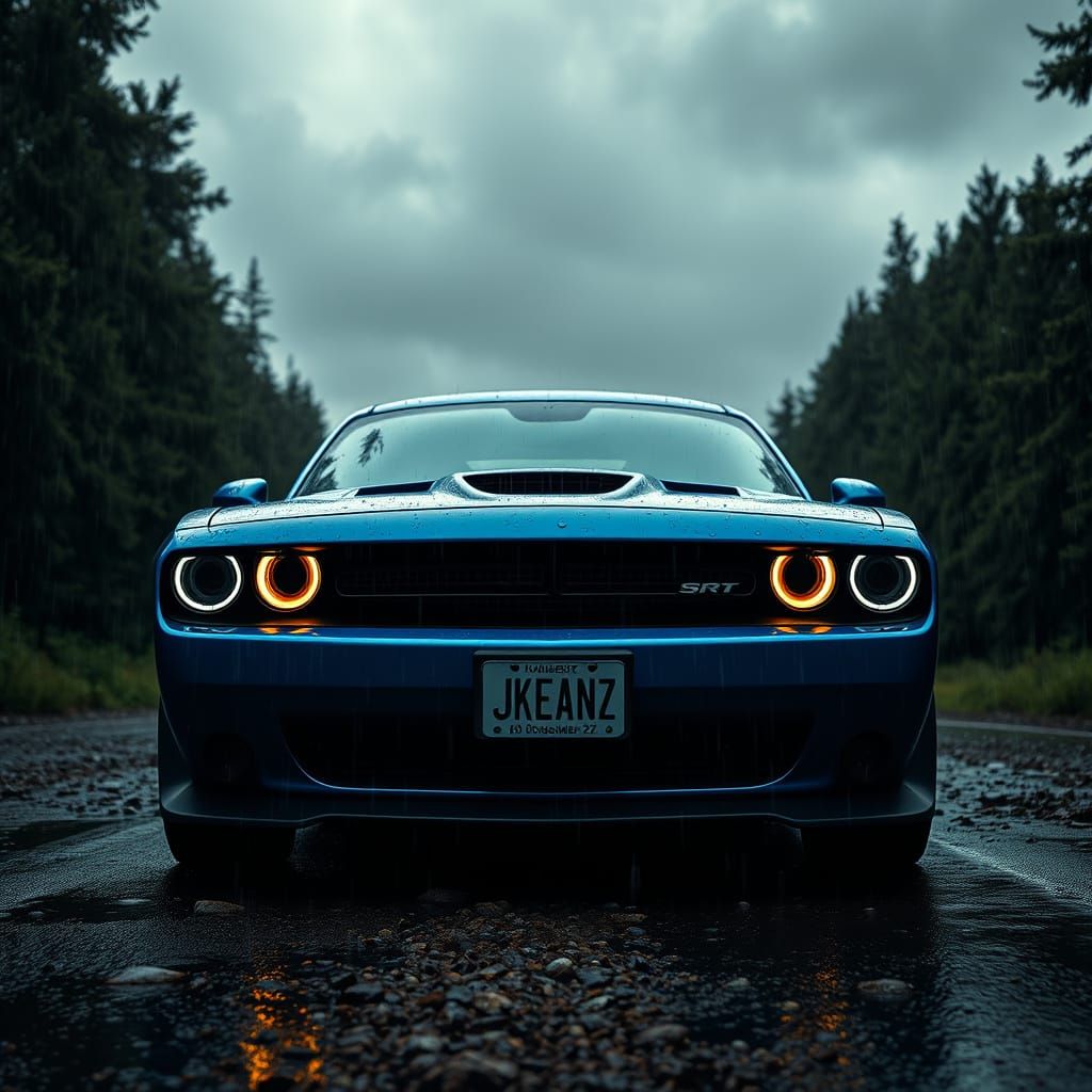 Blue Dodge Challenger SRT in Rainy Forest