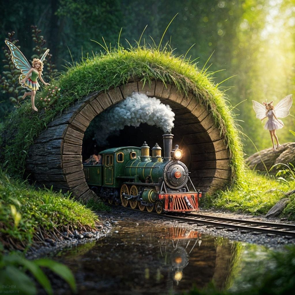 Surreal Scene of Tiny Steam Train Emerging into Enchanted Fo...