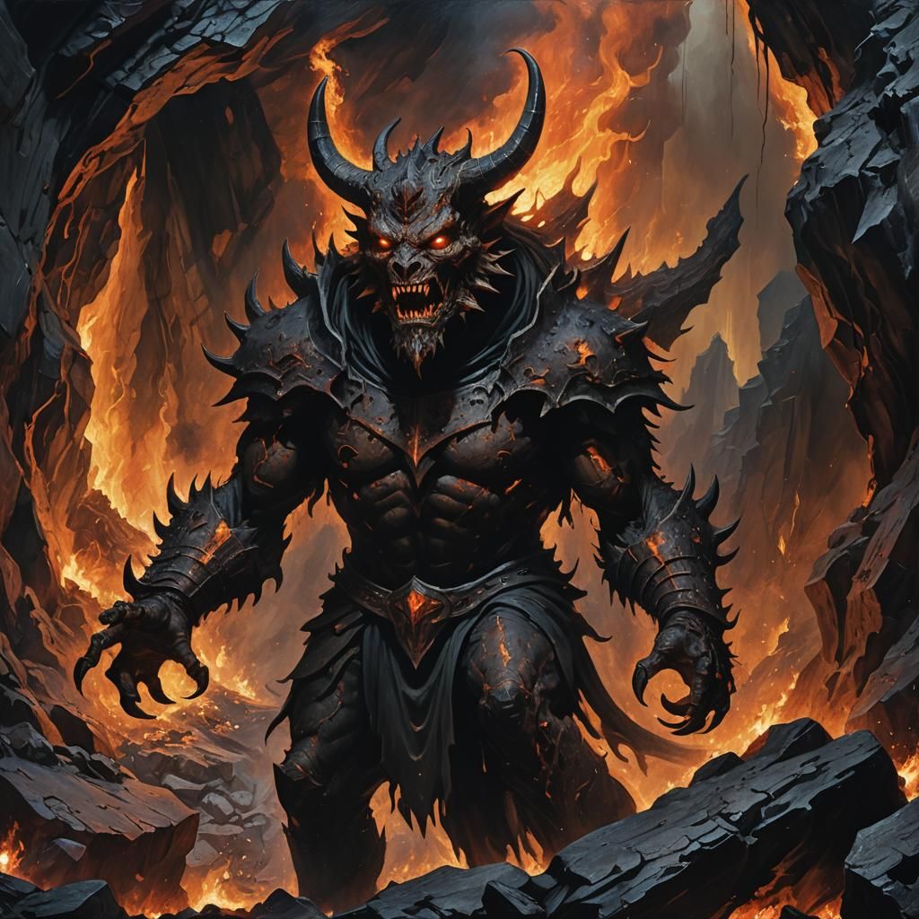 Moloch in Fiery Cave: Dark Fantasy Oil Painting