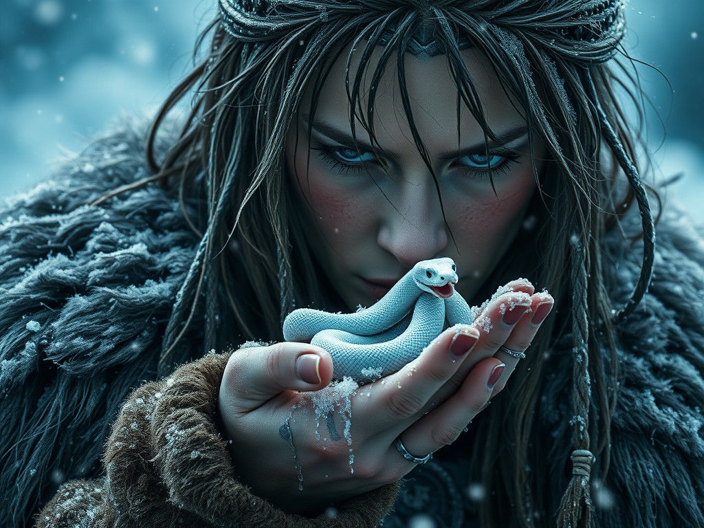 Viking Woman with Snake in Snowstorm: Matte Painting