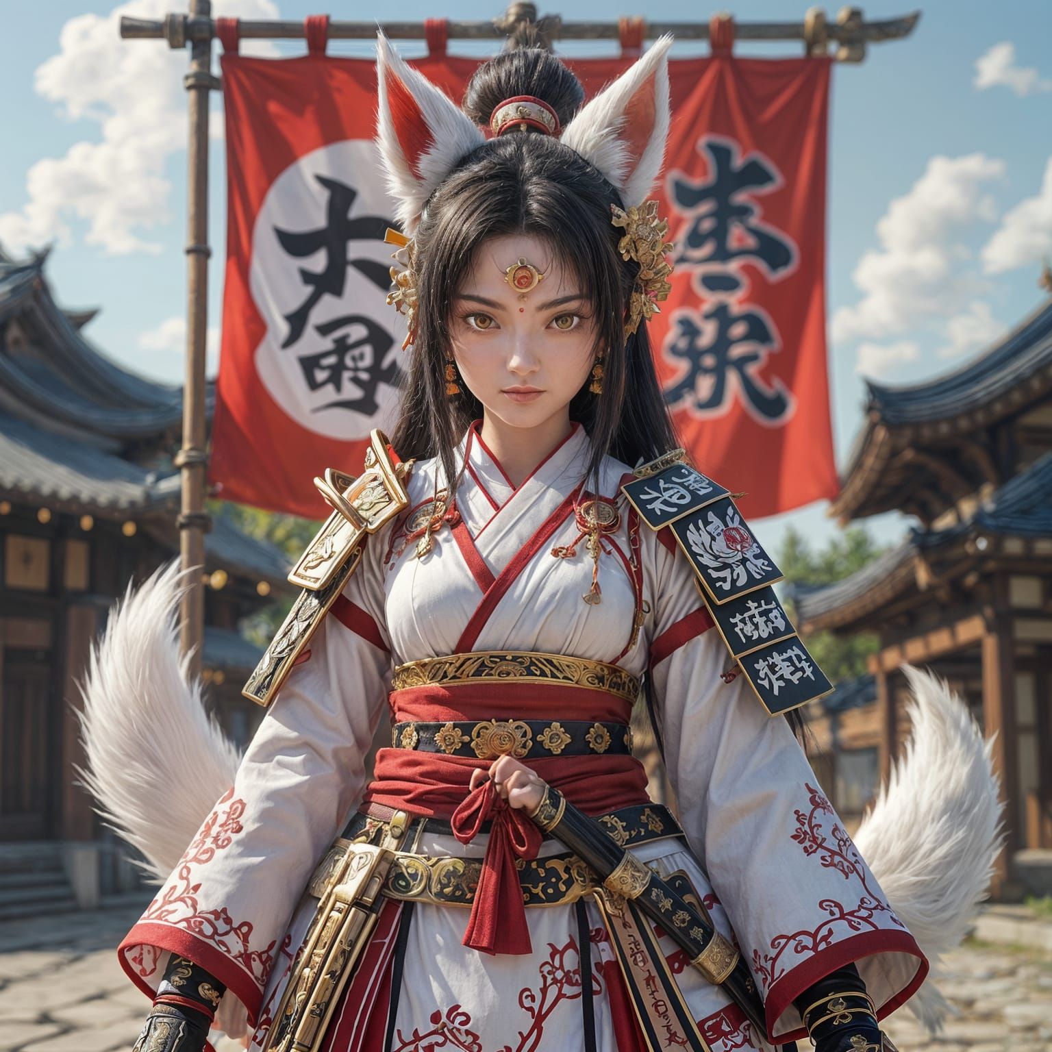 Anime Kitsune Priestess in Shinto Samurai Armor