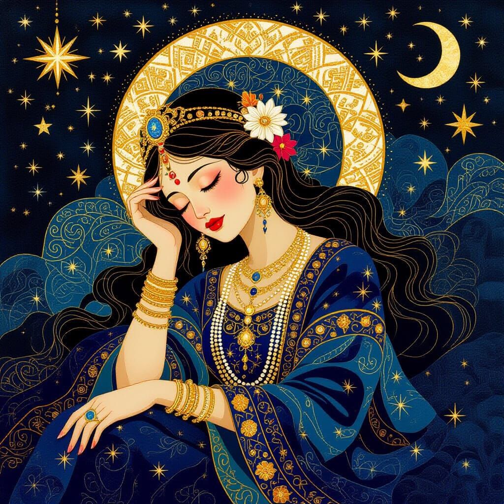 Sleeping Goddess in Celestial Tapestry, Dreamlike Art