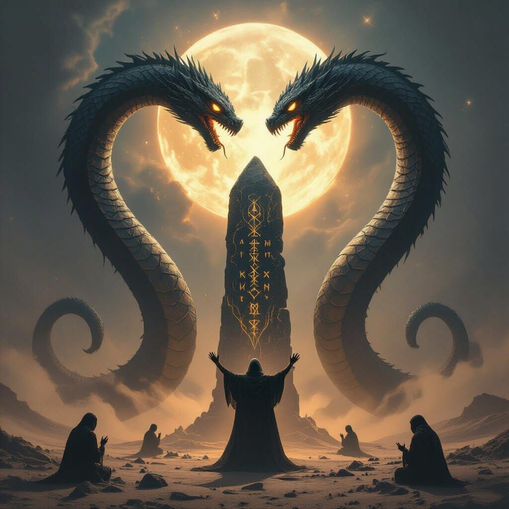 Cosmic Serpents Coil Around Obsidian Monolith in Dark Fantas...